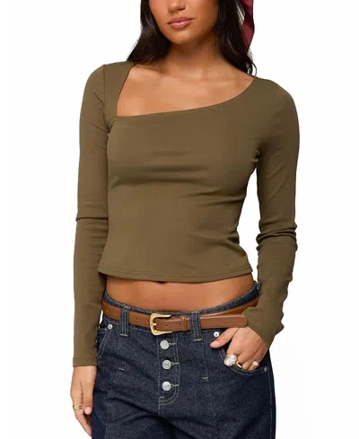 Edikted Rion Asymmetric Long Sleeve Top In Green