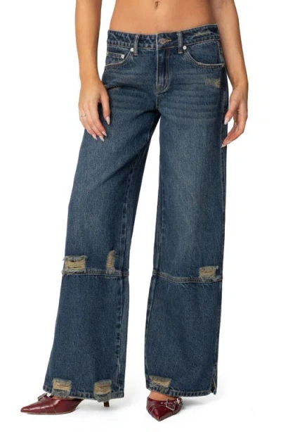 Edikted Ripped Low Rise Wide Leg Jeans In Blue