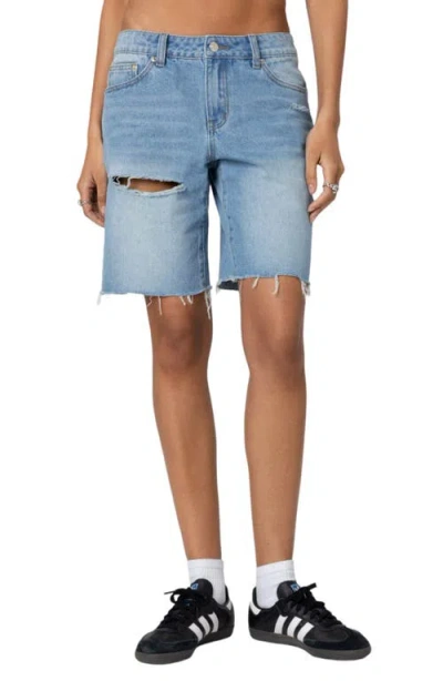 Edikted Riptide Ripped Denim Bermuda Shorts In Blue-washed