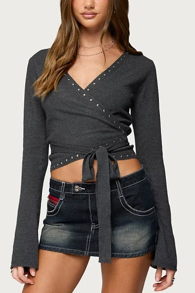 Edikted Roccia Studded Knit Wrap Top In Dark/gray/melange, Women's At Urban Outfitters