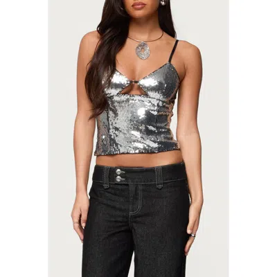 Edikted Rokko Sequin Keyhole Crop Camisole In Silver