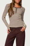 Edikted Roma Stripe Rib Henley Top In Brown