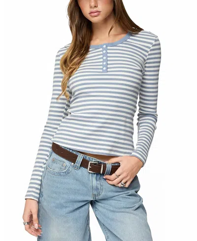 Edikted Roma Stripe Rib Henley Top In Blue