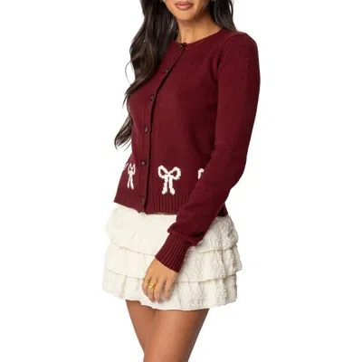 Edikted Rona Intarsia Bow Cardigan In Burgundy