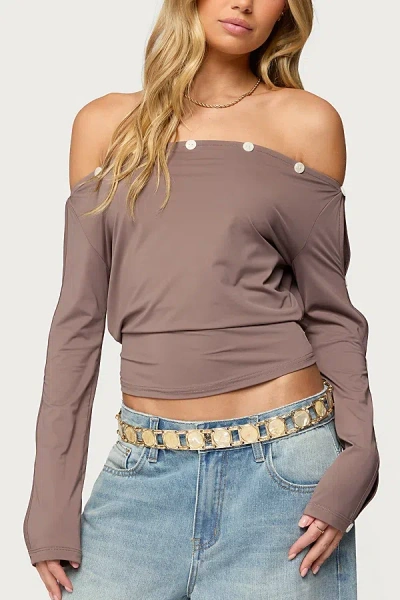 Edikted Ronee Off The Shoulder Cutout Crop Top In Brown