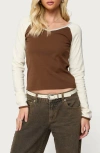 Edikted Ronie Contrast Raglan Sleeve Stretch Cotton T-shirt In Brown