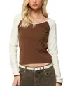 Edikted Ronie Contrast Raglan Sleeve Stretch Cotton T-shirt In Brown
