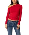 Edikted Ronnie Ruched One-shoulder Long Sleeve Top In Red