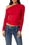 Edikted Ronnie Ruched One-shoulder Long Sleeve Top In Red