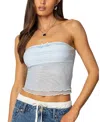 Edikted Rori Ruffle Knit Sheer Mesh Top In Light-blue