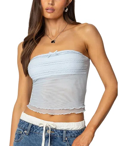 Edikted Rori Ruffle Knit Sheer Mesh Top In Light-blue