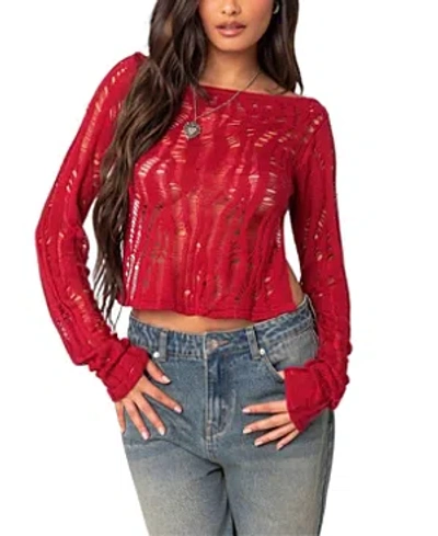 Edikted Rosa Open Back Sheer Knit Top In Red