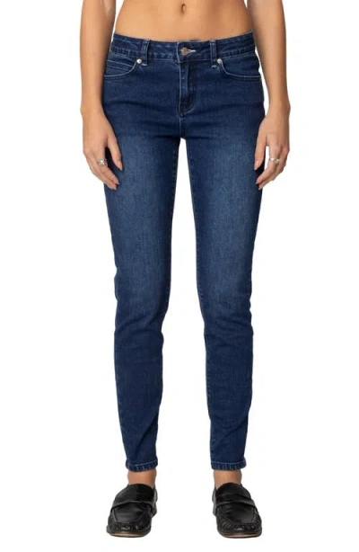Edikted Rosalia Low Rise Skinny Jeans In Dark-blue-washed