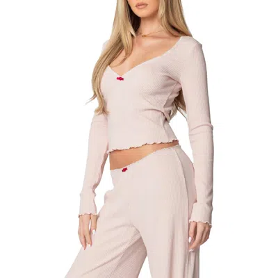 Edikted Roselle Lace Trim Rib V-neck Top In Light-pink