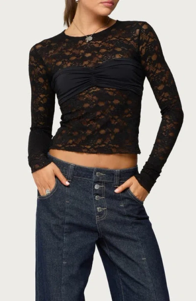 Edikted Rosette Bandeau Long Sleeve Lace Top In Brown