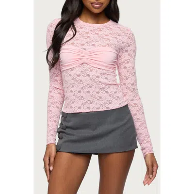 Edikted Rosette Bandeau Sheer Lace Top In Pink