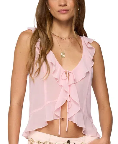 Edikted Roxan Ruffle Chiffon Tie Front Top In Pink