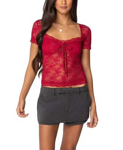 Edikted Roxana Semisheer Lace Top In Burgundy