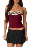 Edikted Eyelet Ruffle Strapless Top In Burgundy