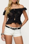 Edikted Ruffle Off The Shoulder Chiffon Top In Black
