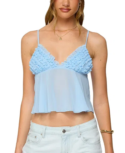 Edikted Ruffle Sheer Chiffon Babydoll Tank Top In Blue
