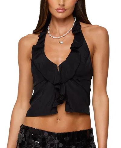 Edikted Ruffle Split Front Chiffon Top In Black
