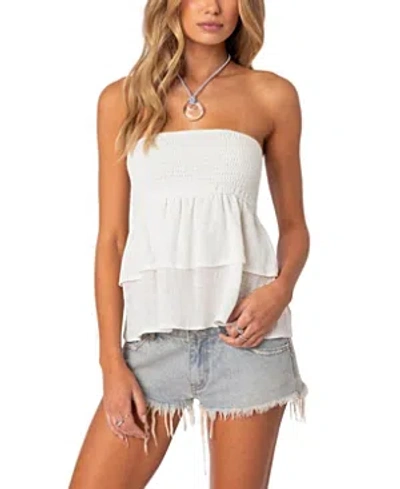 Edikted Ruffled Scrunch Linen Look Tube Top In Cream