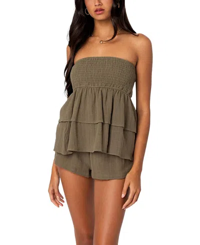 Edikted Ruffled Scrunch Linen Look Tube Top In Olive