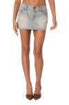 Edikted Rumble Low Rise Distressed Denim Miniskirt In Light-blue