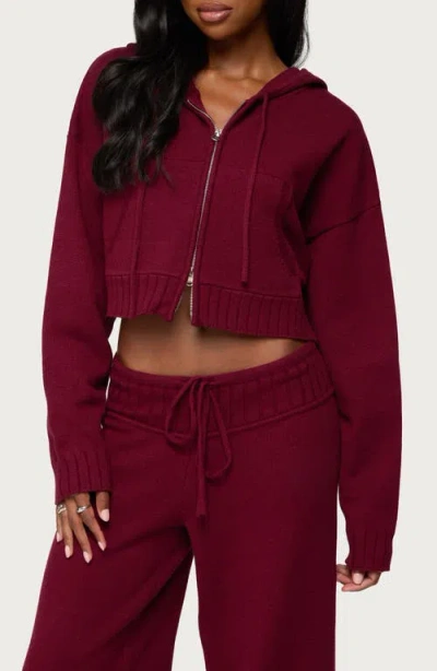 Edikted Russell Crop Hooded Zip Sweater In Burgundy