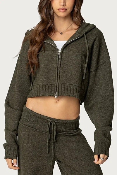 Edikted Russell Knit Hooded Cardigan In Olive, Women's At Urban Outfitters In Green