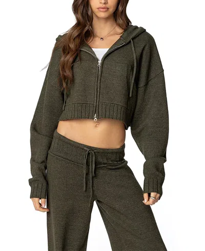 Edikted Russell Knit Hooded Cardigan In Olive