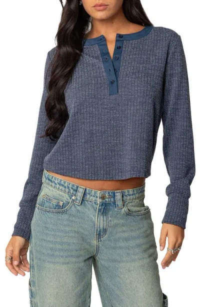 Edikted Ruth Waffle Knit Henley In Navy
