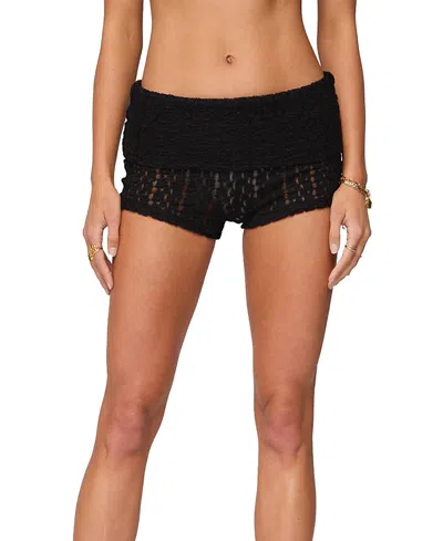 Edikted Rye Sheer Textured Fold Over Shorts In Black