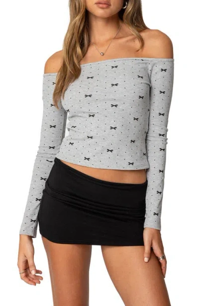 Edikted Ryna Bows & Dots Off Shoulder Top In Gray-melange