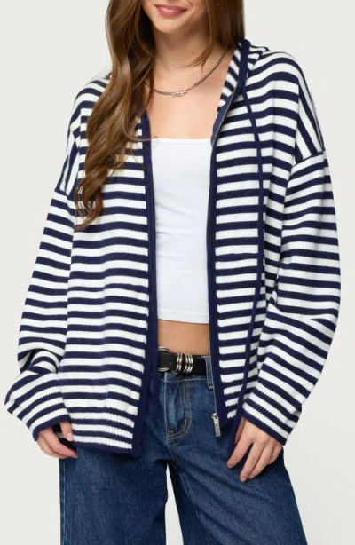 Edikted Safari Stripe Knit Zip Front Hoodie In Blue