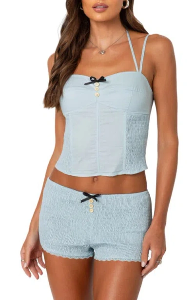 Edikted Saffron Smock Detail Cotton Blend Corset Top In Blue