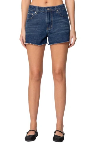 Edikted Sahara High Waist Cutoff Denim Shorts In Blue