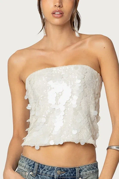 EDIKTED SAMARA SEQUIN STRAPLESS TOP IN CREAM, WOMEN'S AT URBAN OUTFITTERS