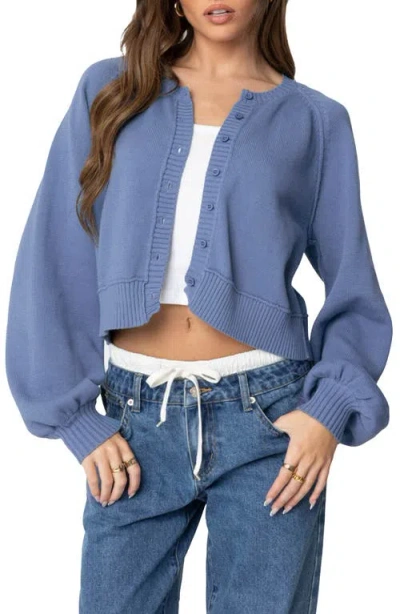 Edikted Sammi Balloon Sleeve Cotton Crop Cardigan In Blue