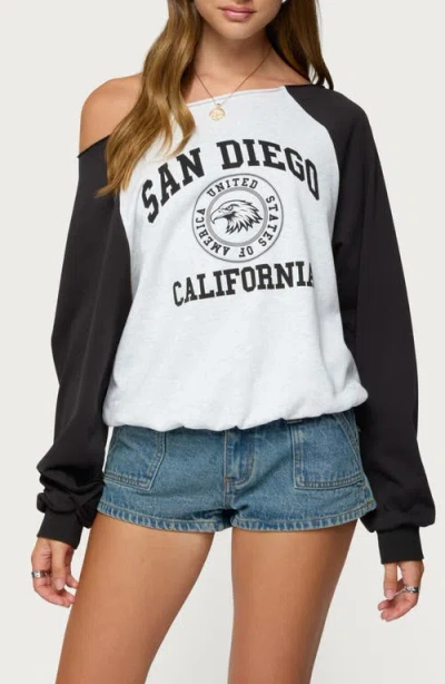 Edikted San Diego Off The Shoulder Raglan Long Sleeve Graphic Top In Multi