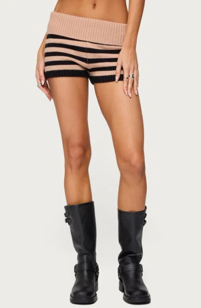 Edikted Saphi Stripe Foldover Waist Knit Shorts In Brown