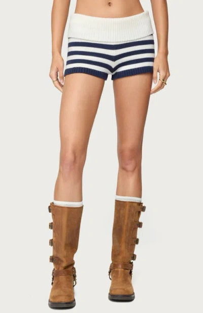 Edikted Saphi Stripe Foldover Waist Knit Shorts In White