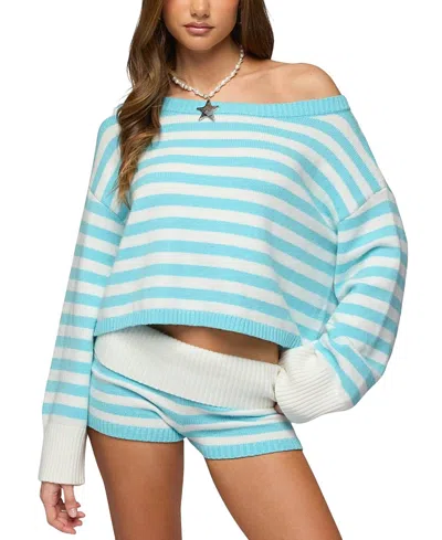 Edikted Saphi One-shoulder Stripe Oversize Sweater In Blue