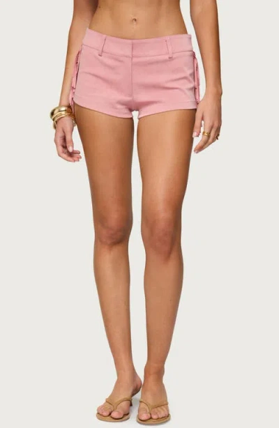 Edikted Sapir Low Rise Fringe Faux Suede Microshorts In Pink