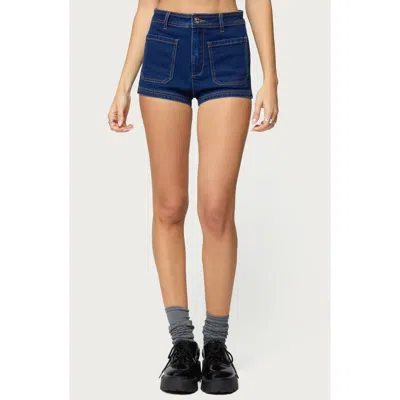 Edikted Saren High Waist Denim Micro Shorts In Blue