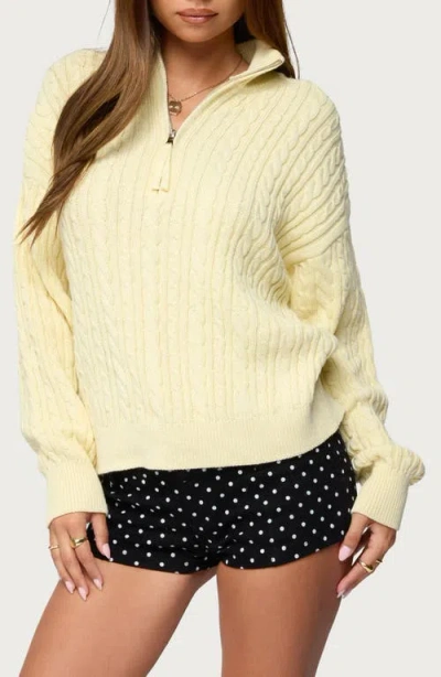 Edikted Sarie Cable Stitch Quarter Zip Cotton Sweater In Yellow