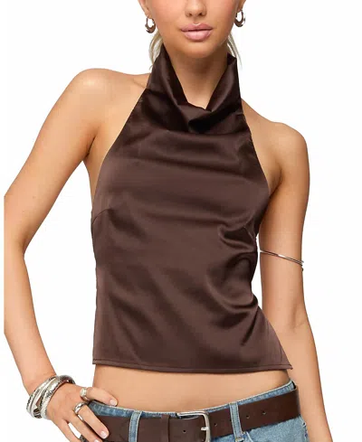 Edikted Satin Effect Backless Cowl Neck Top In Burgundy