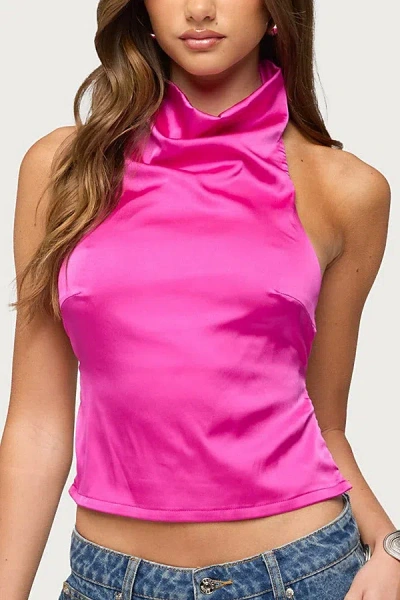Edikted Satin Effect Backless Cowl Neck Top In Pink, Women's At Urban Outfitters In Blue
