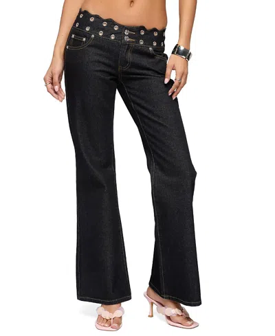 Edikted Scalloped Grommet Low Rise Bootcut Jeans In Black